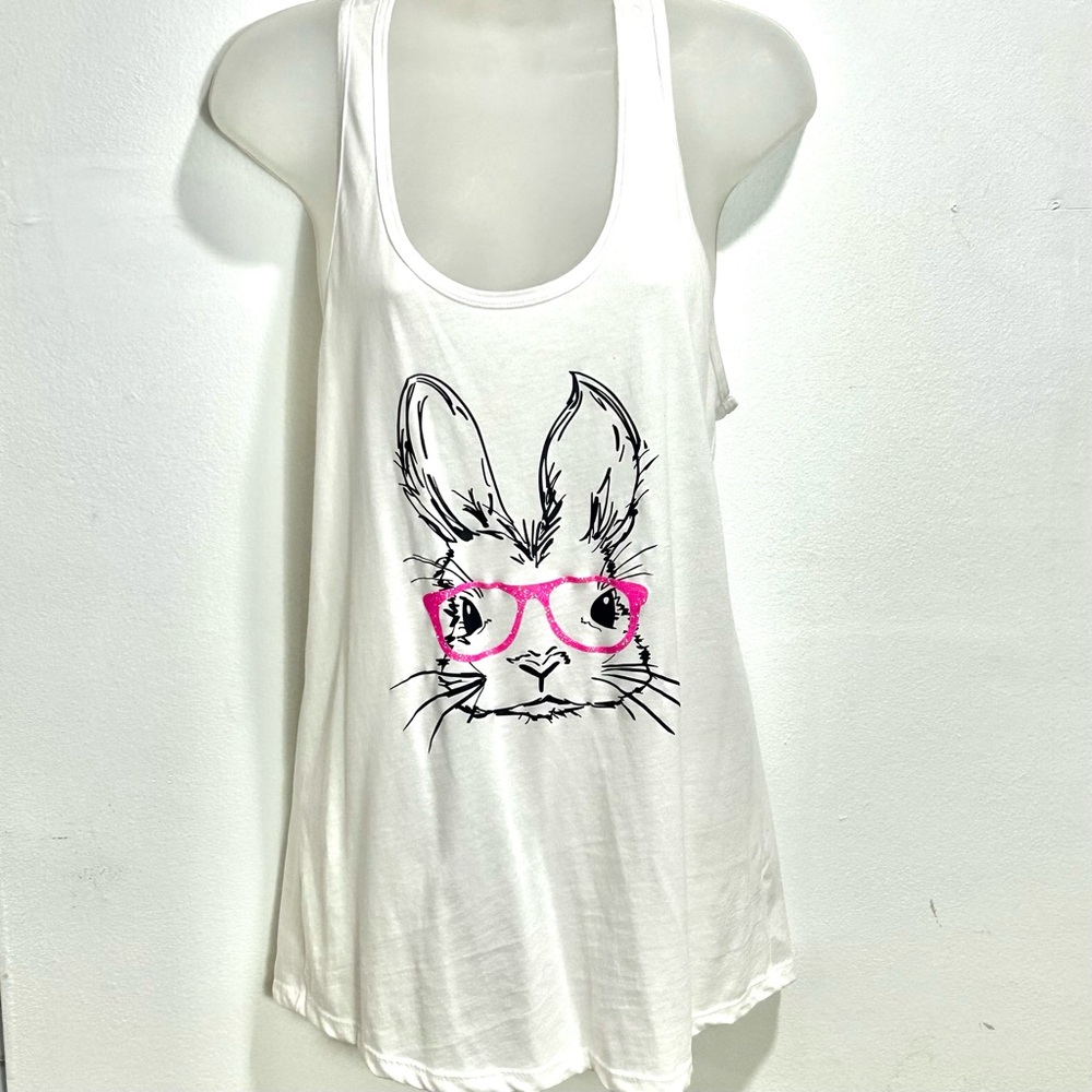 Smart and Sexy Racer Back Sleep Tank Bunny with Pink Glitter Glasses Graphic LG
